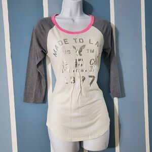 NWT American Eagle Outfitters Cream and Gray Baseball Tee with Pink Accents